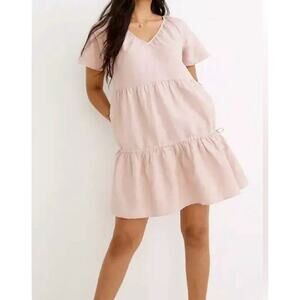 Madewell Women's Pink Tiered Mini Dress Size M Linen Blend Short Sleeve Pockets